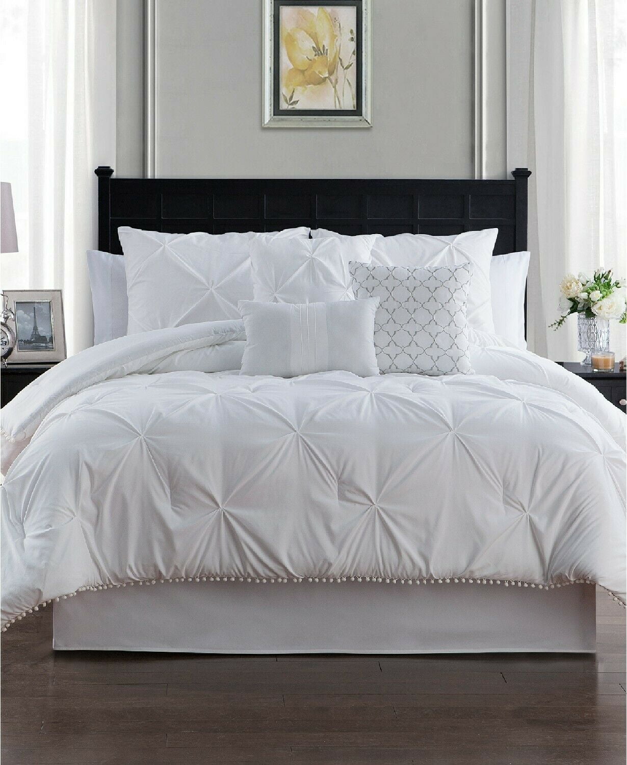 Sanders Pom Pom 7 Piece Pleated Comforter Set KING White