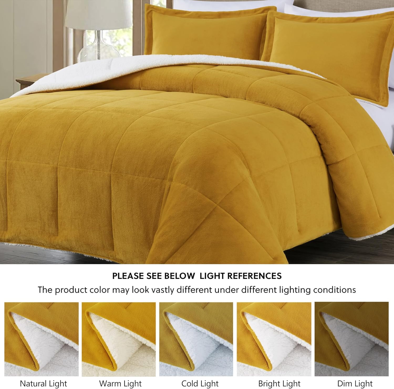 Chezmoi Collection Ultra-Soft Micromink Sherpa Queen Size Comforter Set with 2 Pillow Shams, Reversible Plush Bedding Comforter 3-Piece, Mustard Yellow