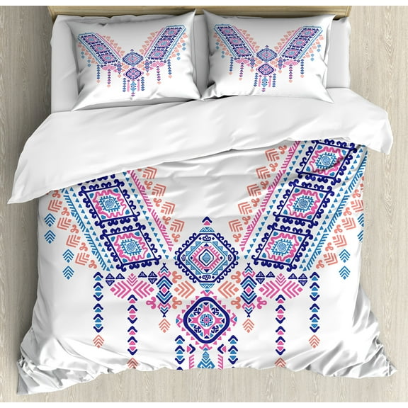 Ambesonne Tribal Duvet Cover Set, Geometric Design, Queen, Coral Pink and Blue
