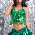 thumbnail image 4 of Felirenzacia Women's Sequined Tassel Fringe Halter Tank Top, Belly Dance Sparkly Glitter Camisole, Green,Free Size, 4 of 8