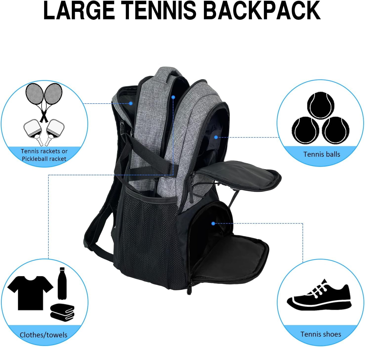 WOLT | Tennis Racket Bag--Men Ball Sports Racket Backpack Polyester Tennis Bag with Ventilated Shoe Compartment Gray