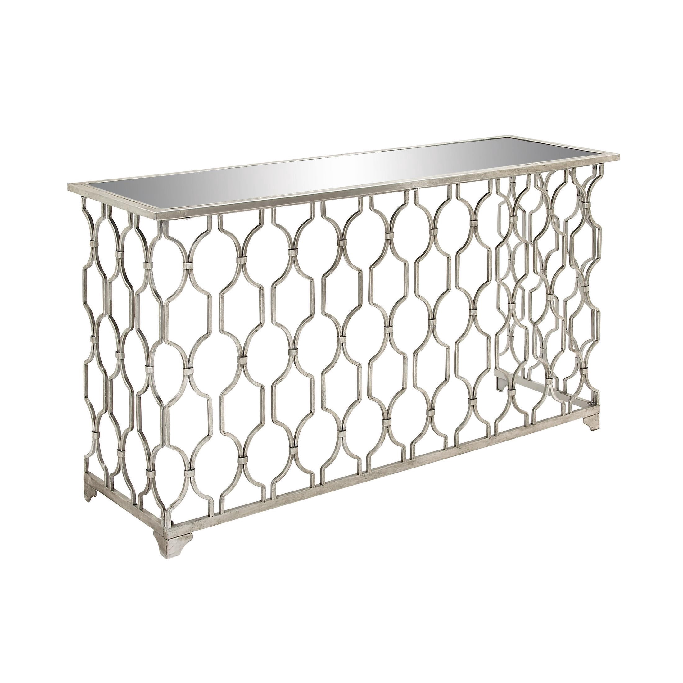 DecMode Contemporary Rectangular Metal with Mirror Top Console Table, 55"W x 32"H Features Silver Circular Trellis Pattern