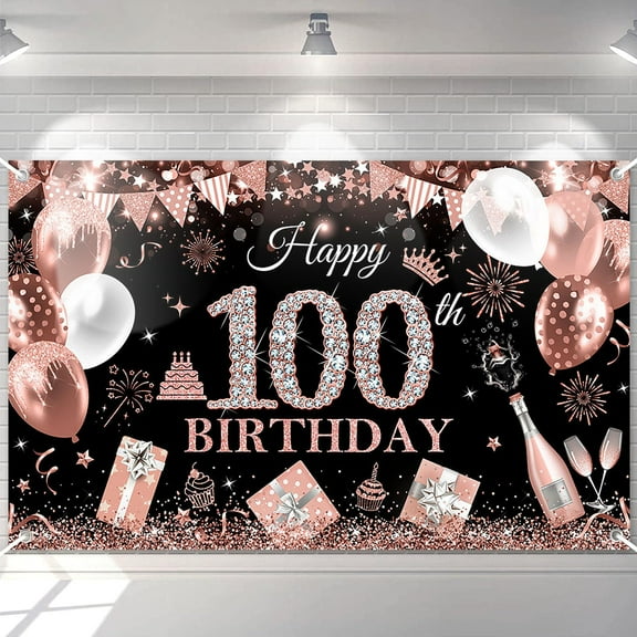 Happy 100th Birthday Banner for Women Black and Rose Gold Glitter Balloon 100 Birthday Party Backdrop 100 Year Old Bday Photography Background Party Supplies
