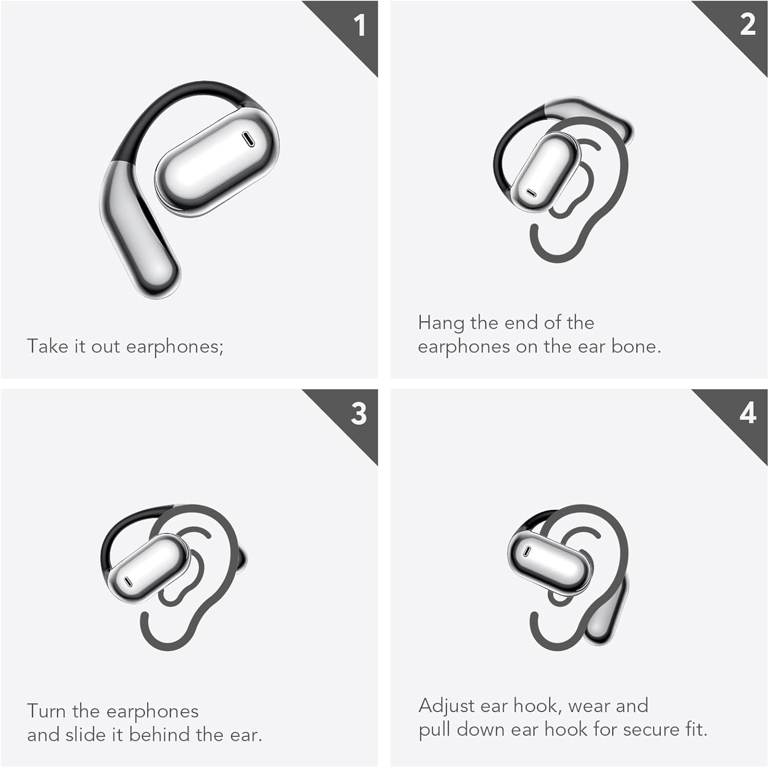 EUQQ Open Ear Bluetooth 5.4 Earbuds, Sport Over Earphones Wireless Headphones Built-in Mic with Ear Buds LED Display, Touch Control, IPX7 Waterproof Hook Design 50Hrs Playtime for Sports, Black
