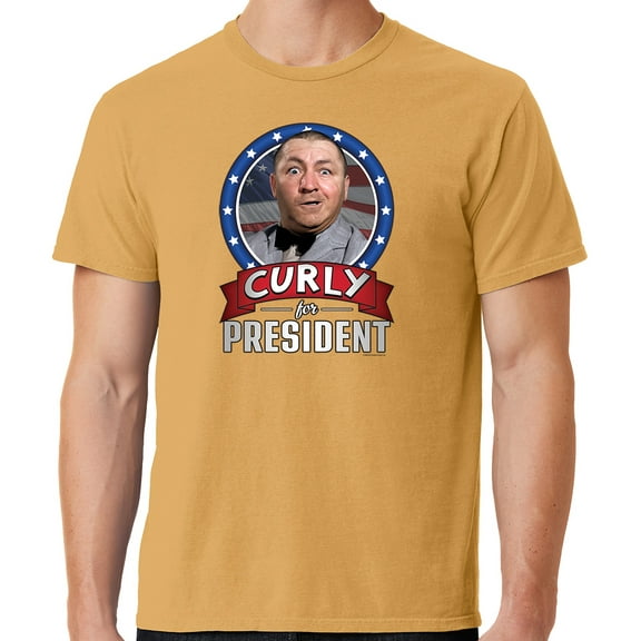 Mens Three 3 Stooges Curly for President Cotton Tee Shirt, Large Dijon Yellow