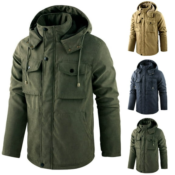 Brondbend Winter Coats for Men Jacket for Men Hooded Long Sleeved Zipper Pocket Outerwear Solid Color Warm Jacket Loose Fit Going out Tops Army Green