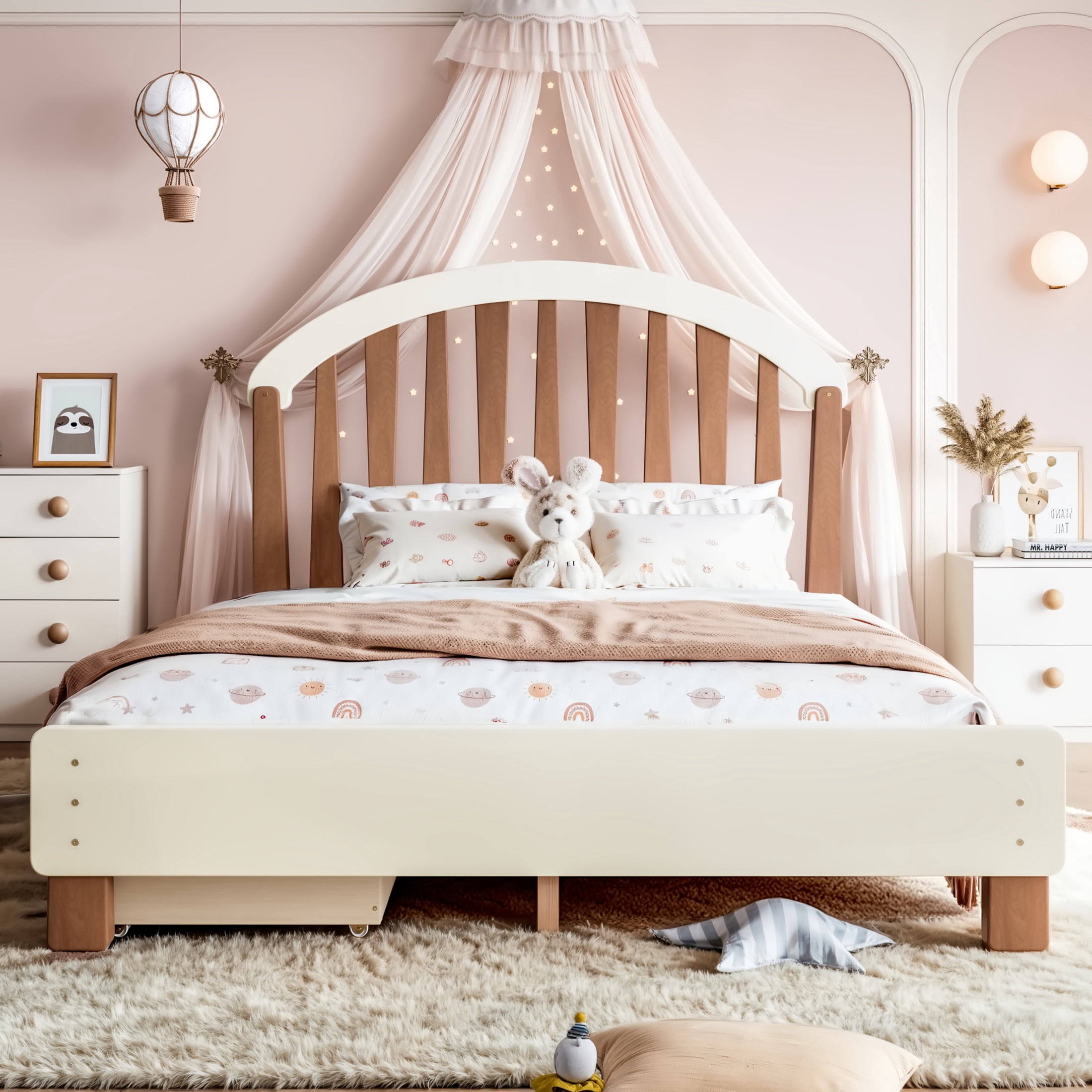 GDF Studio Full Size Platform Bed with Storage Drawers, Round Headboard, No Box Spring Needed, Beige+Brown