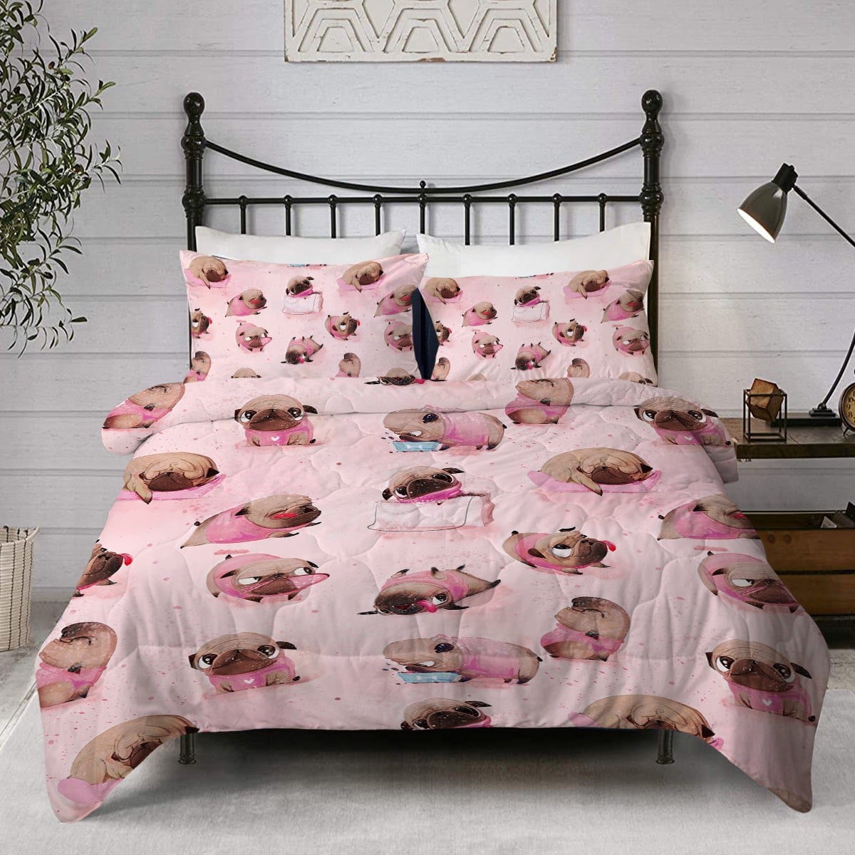 BlessLiving Dog Décor Comforter Set, Pink Bedding Set King Size, Puppy