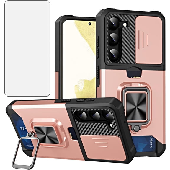 Phone Case for Samsung Galaxy S23 5G with Slide Camera Cover and Tempered Glass Screen Protector Card Holder Hard Ring Stand Cell Accessories S 23 23S GS23 G5 SM-S911U 6.1 inch Women Rose Gold