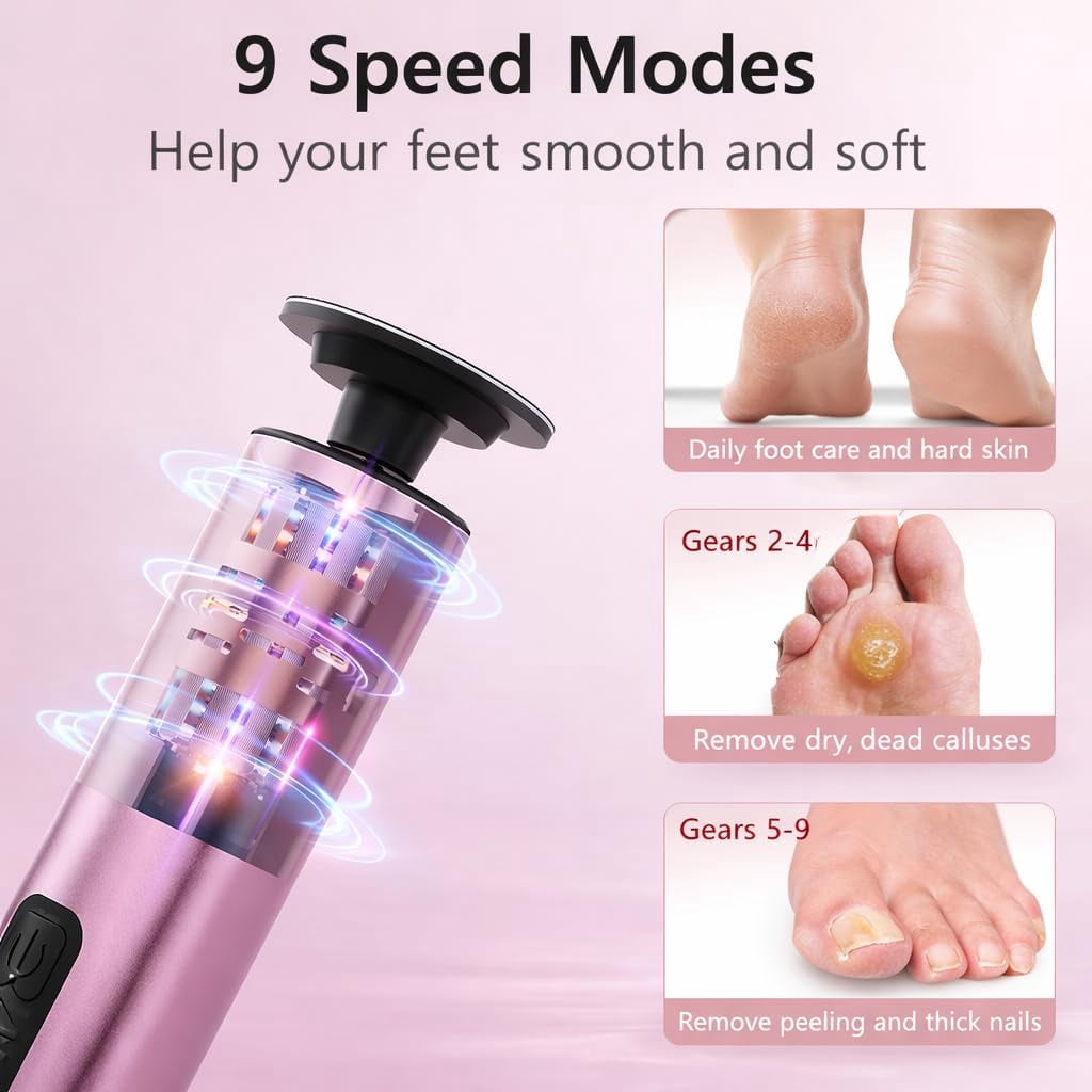 Electric Foot Callus Remover,2 in 1 Rechargeable Foot Tool with Sandpaper Discs,LED Display 9 Speeds Long Battery Life for Emoving Dead Skin Rough Heels Nail Polish Removal for Home Travel Use, Pink