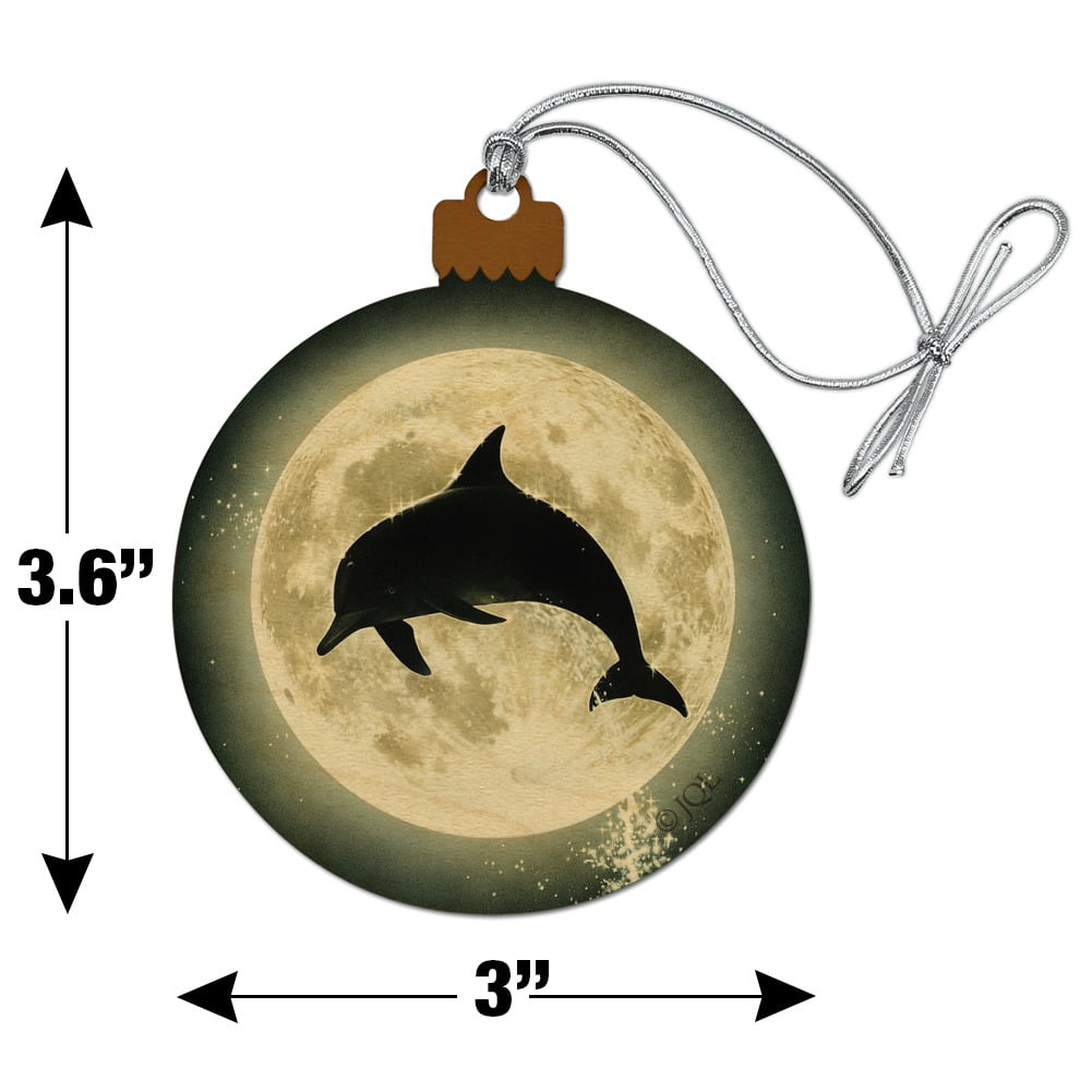 Dolphin Jumping Moon Ocean Night Silhouette Wood Christmas Tree Holiday Ornament 