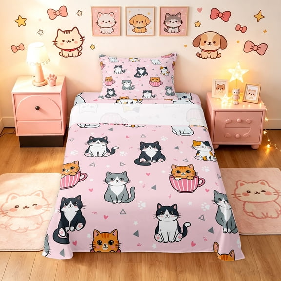 Manfei Kawaii Teacup Cat Twin Sheets, Triangle Abstract Bedding, Pink, 3-Piece, 1 Flat Sheet, 1 Fitted Sheet and 1 Pillowcase