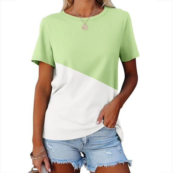 ZyeKqe Women Short Sleeve Shirts Color Block Summer Tops Round Neck Casual Loose T Shirts Tees