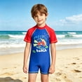thumbnail image 2 of Boys Swimsuit Kids Lightweight Quick Drying Swimwear Color Block Crew Neck Short Sleeve Protective One Piece Swimsuit for Play with Cap Blue 5 Years-6 Years, 2 of 5