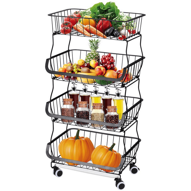 Gohyo 4 Tier Stackable Storage Baskets, Metal Wire Fruit Vegetable Basket Organizer Bins with Casters, Adjustable Anti-Skid Feet for Kitchen, Pantry, Bathroom (Black)