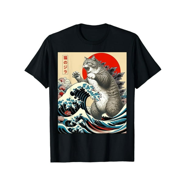 Estampados modernos y divertidos - Camiseta deportiva holgada unisex de algodón 100 % con diseño de gato japonés de Catzilla, ideal como regalo para hombres, mujeres y niños.