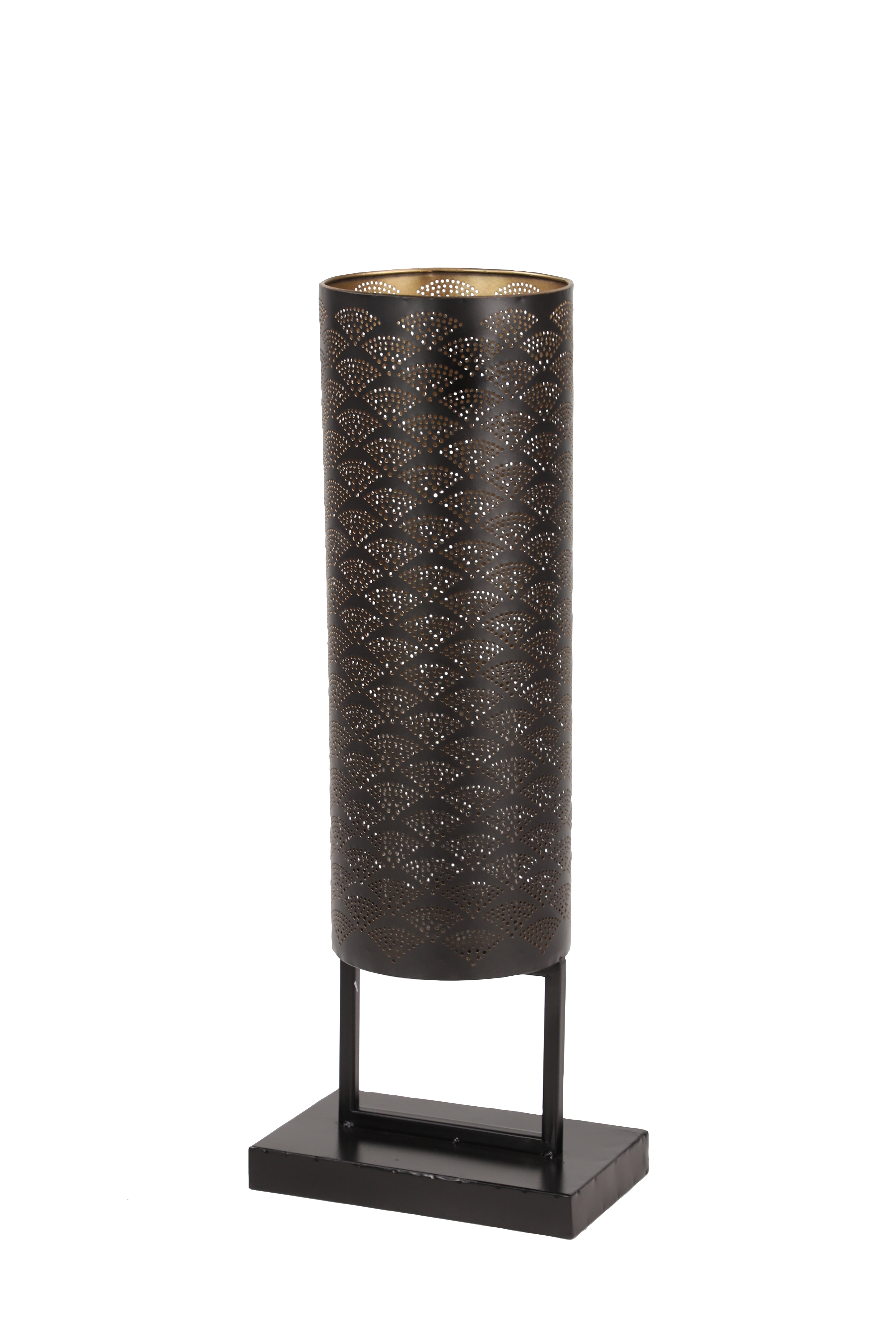 DecMode Modern Style Large Black Cylinder Metal Lantern with Pierced Metal Boho Pattern on Metal Base, 10” x 27”