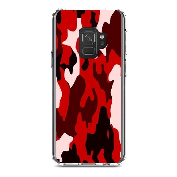 DistinctInk Clear Shockproof Hybrid Case for Samsung Galaxy S9 (5.8" Screen) - TPU Bumper, Acrylic Back, Tempered Glass Screen Protector - Red Black Camouflage - Camouflage Pattern
