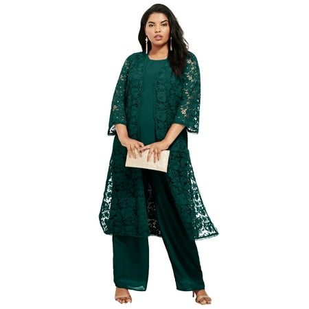 Roaman's Women's Plus Size Plus Size 3-Piece Allover Lace Duster Pant Set – Formal Wear