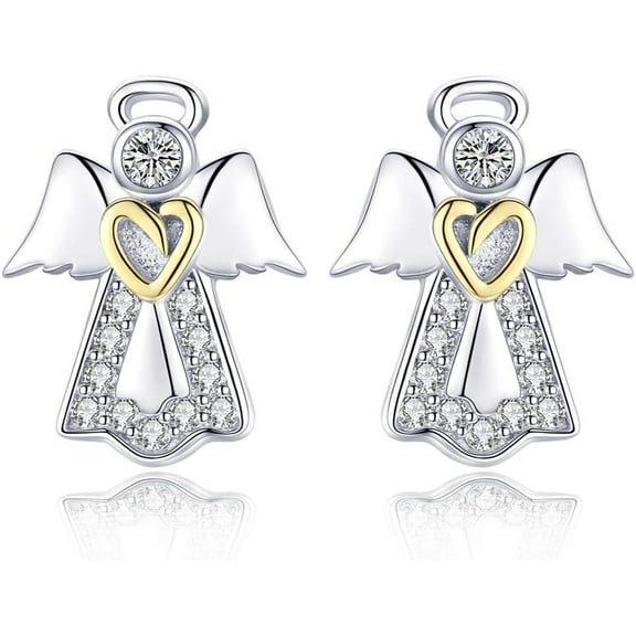 CZ Angel Stud Earrings for Women 925 Sterling Silver Cubic Zirconia Small Cute Crystal Gold Heart Studs Tragus Post Hypoallergenic Lovely Jewelry Gift for Daughter Niece