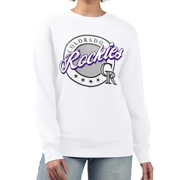 Women's G-III 4Her by Carl Banks White Colorado Rockies Pinstripe Circle Team Fleece Pullover Sweatshirt