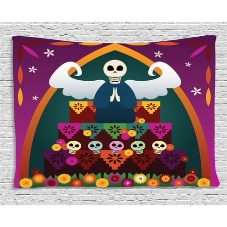 Sugar Skull Tapestry Angel Figure With Skull Head On Top Of Altar To Celebrate Dia De Los Muertos Wall Hanging For Bedroom Living Room Dorm Decor