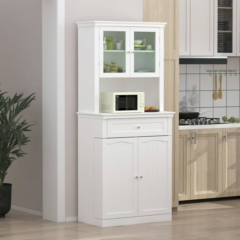 Kitchen Pantry with Hutch, Adjustable Shelves and Drawers, 4-Door Kitchen  Cupboard Storage Cabinet with Acrylic Glass Door, White 