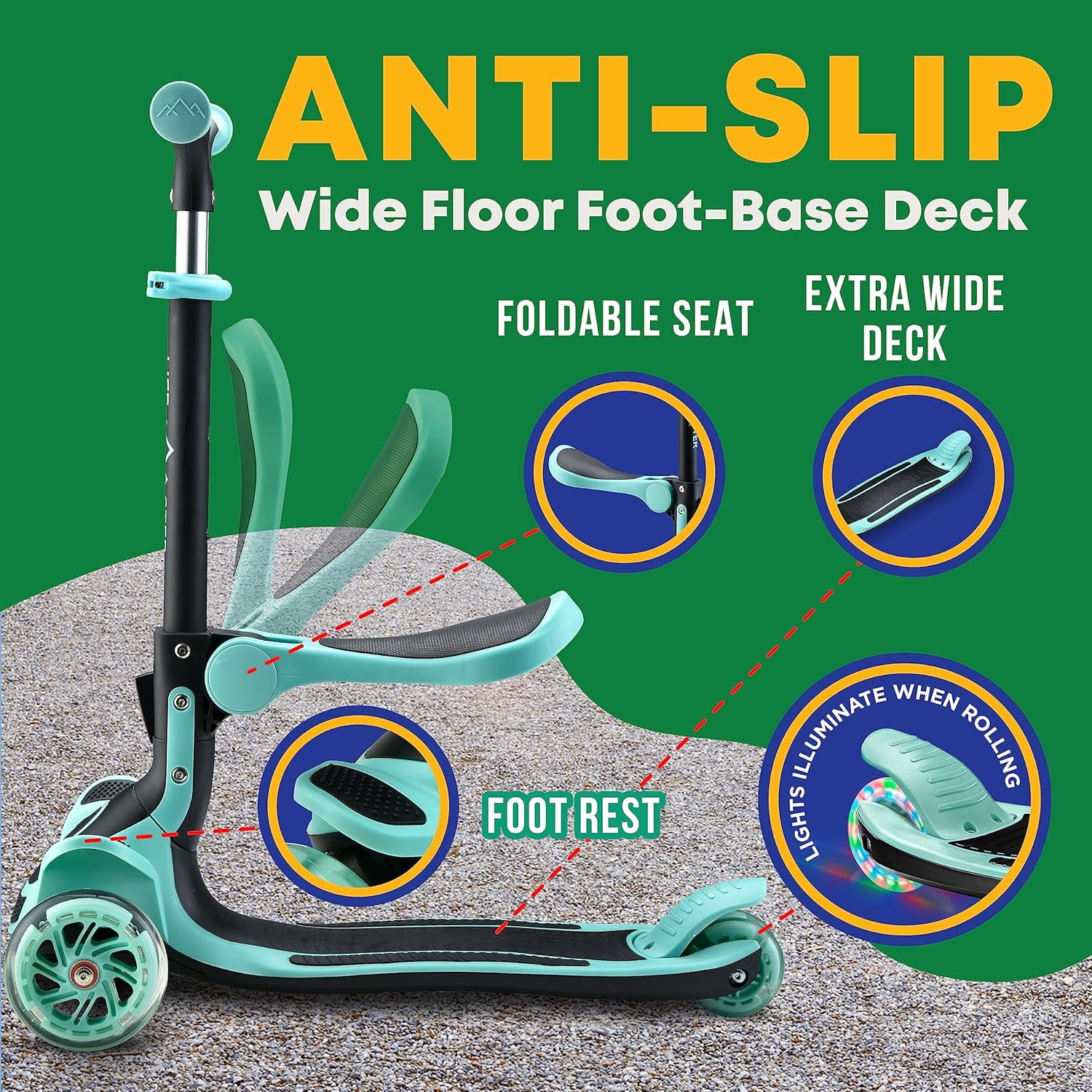 Kids Scooter – Foldable Seat – LED Wheel Lights Illuminate When Rolling – Children and Toddler 3 Wheel Kick Scooter – Adjustable Handlebar – Indoor and Outdoor- Teal - by Lifemaster