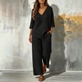 thumbnail image 2 of Guluxicc 2 Piece Women's Matching Sets Linen V Neck 3/4 Sleeve Top Drawstring Elastic Waist Wide Leg Pants Outfits With Pockets for Spring and Summer, 2 of 5