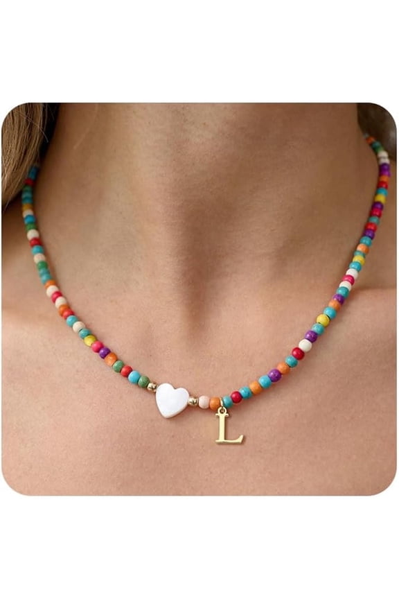 Dainty Initial Necklaces for Women Colorful Beaded Necklaces Handmade Personalized A-Z Gifts with Heart Shaped Shells Jewelry Gift