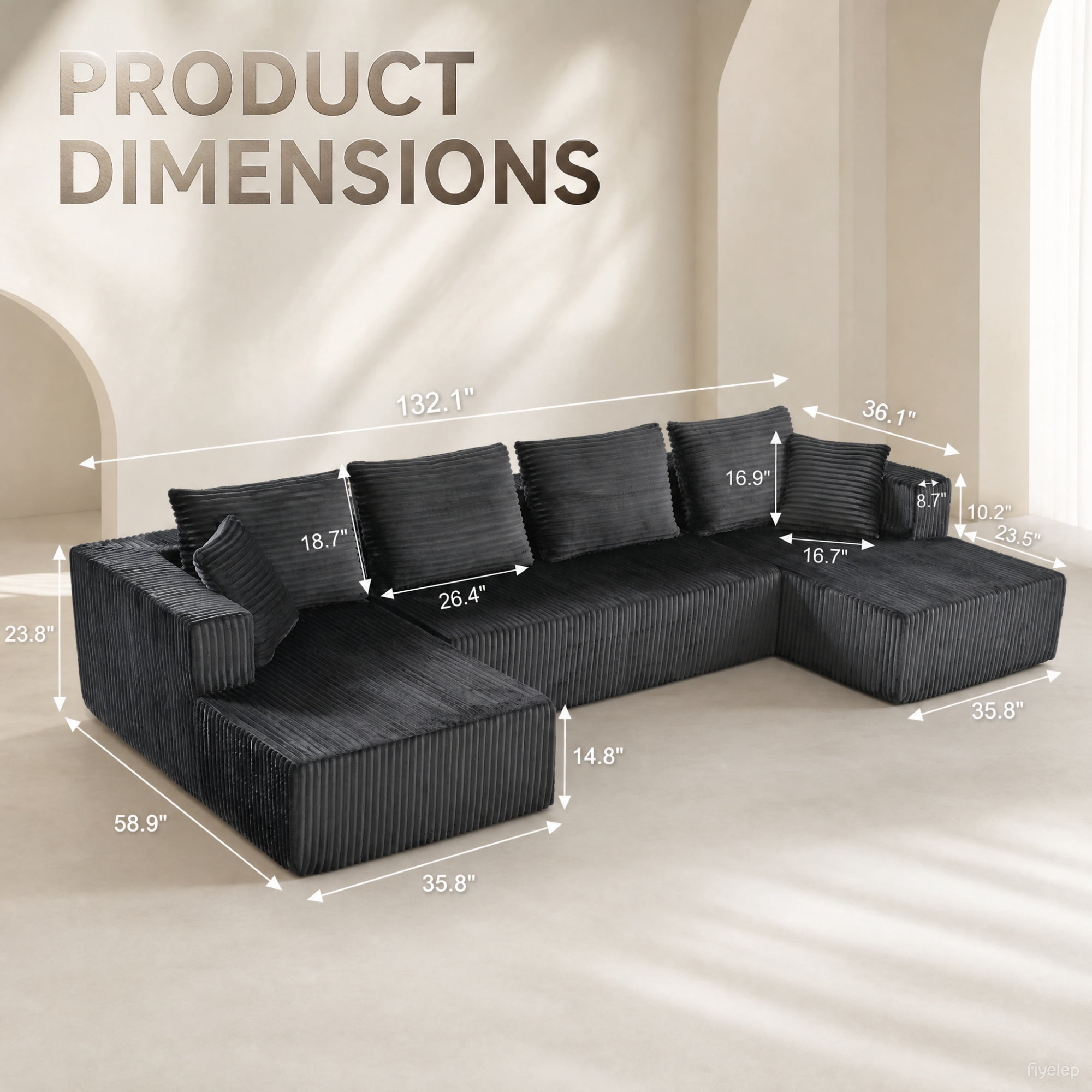 Garitin Modular Sectional Sofa 132 Inch U-Shaped, No Assembly Required Corduroy Couch with Double Chaise and Deep Seat for Living Room Apartment, Gray