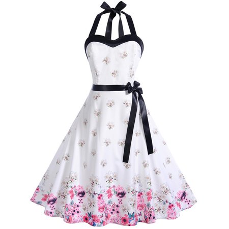Cotton Empire Waist Halter Dress - Women 50s Vintage Floral Halter Rockabilly Evening Party Prom High Waist Dress