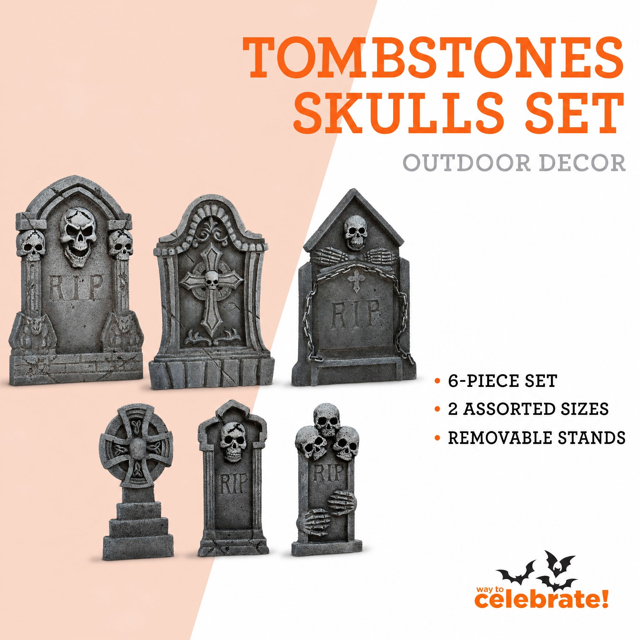 Tombstones Skulls Decoration Set, Gray, 6 Pieces, Halloween by Way To Celebrate