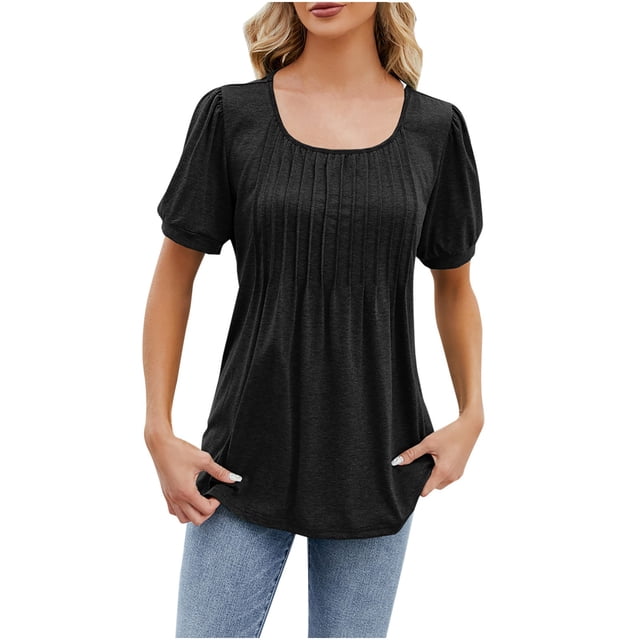 Timegard Womens Summer Tops Scoop Neck Pleated Puff Short Sleeve Solid Color Dressy Casual Tunic Tops