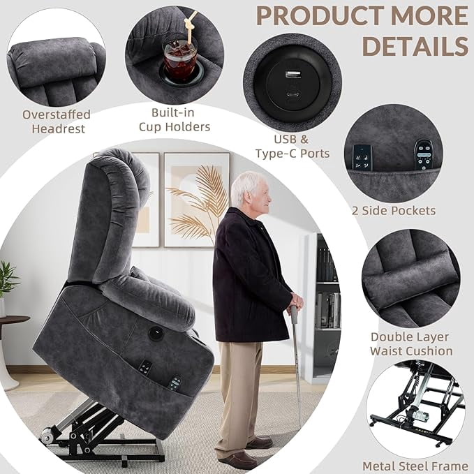 EPICOZY Oversized Dual Motor Power Lift Recliner Chair with Extended Footrest for Big Tall Man, Lay Flat Sleeper Electric Recliner with Massage and Heat, Lumbar Pillow, USB & Type-C Port, Gray