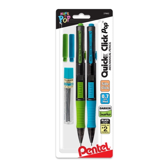 Pentel Quick Click 0.7 Millimeter Medium Hi-Polymer 2B Smoother Mechanical Pencils, 2 Count