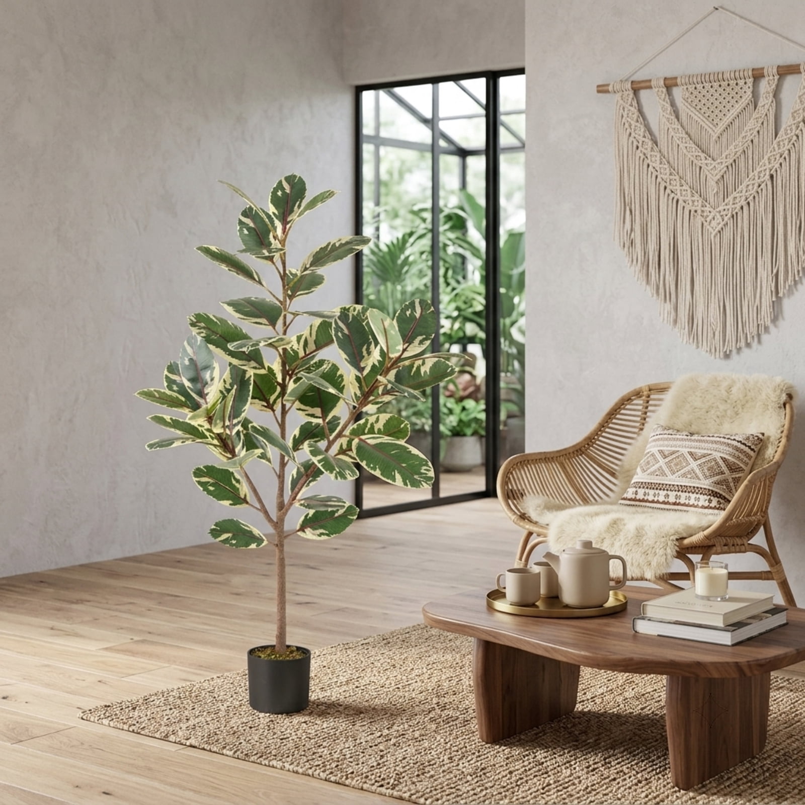 Vebreda 2-Pack 51-Inch Artificial Variegated Rubber Trees in Cement-Filled Pots, Faux Ficus Elastica Plants for Indoor Decoration