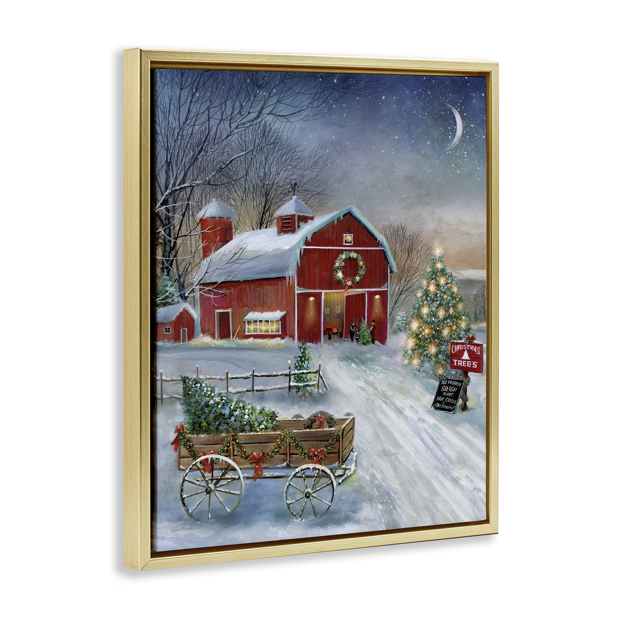 Stupell Industries Holiday Wagon & Barn Holiday Painting Gold Floater Framed Canvas Art Prints Wall Art, 25 x 31
