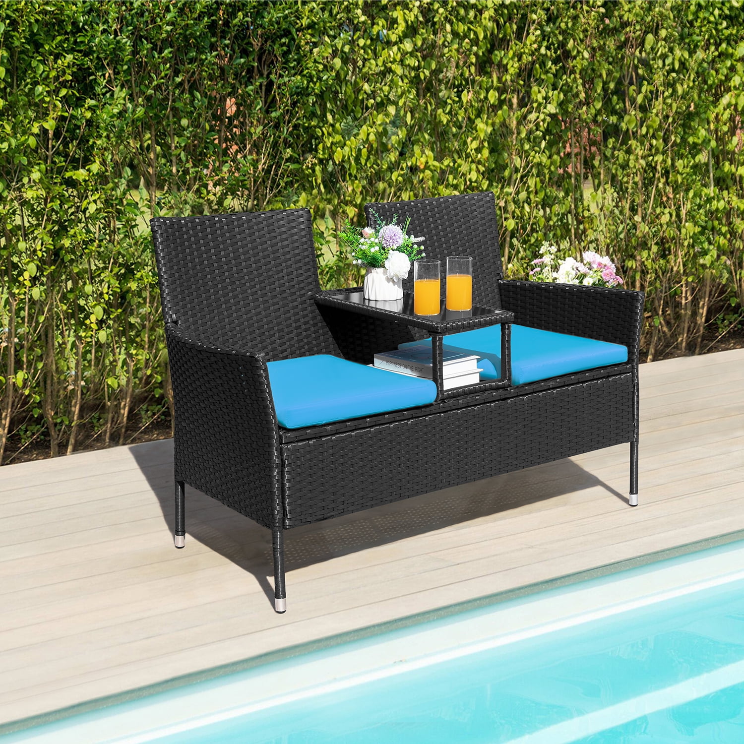 Devoko Outdoor Patio Loveseat Rattan Patio Conversation Furniture Set with Coffee Table, Blue