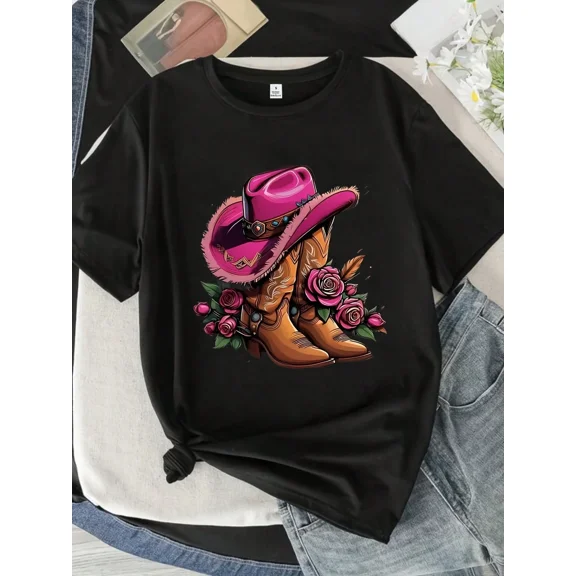 25 1013 Tshirt Cowboy Hat Boots Roses Round Neck Women's Tshirt Short Sleeve Fashion Printed Half Sleeve Top Elastic Tee Apparel Clothes Outfits