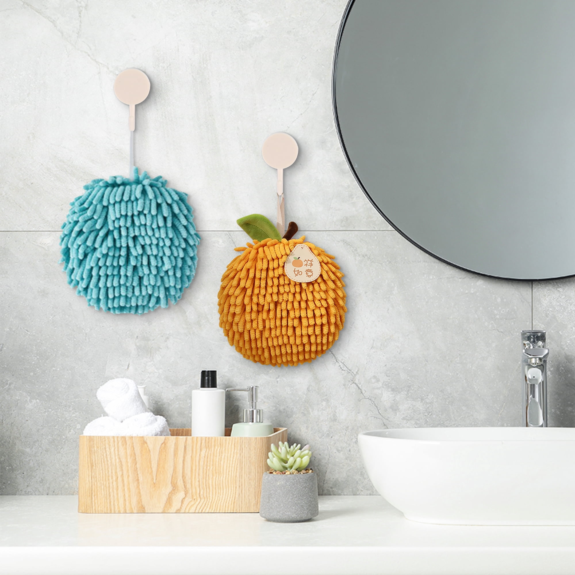 NOMADIC NOOK Soft Absorbent Fluffy Chenille Ball Hand Towels, Set of 4 Fuzzy Decorative Towel with Wall Hook for Bathroom Blue/Orange 6" x 6"