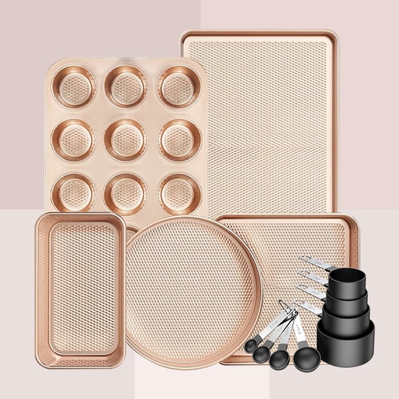 LOLLICY 13-Piece Baking Pans Set Nonstick, Stackable Non Toxic Bakeware Sets with Diamond Texture, Oven Pan Set for Cooking, Includes Cookie Sheet , Cake Pan, Roasting Pan, Muffin Tin, Gold