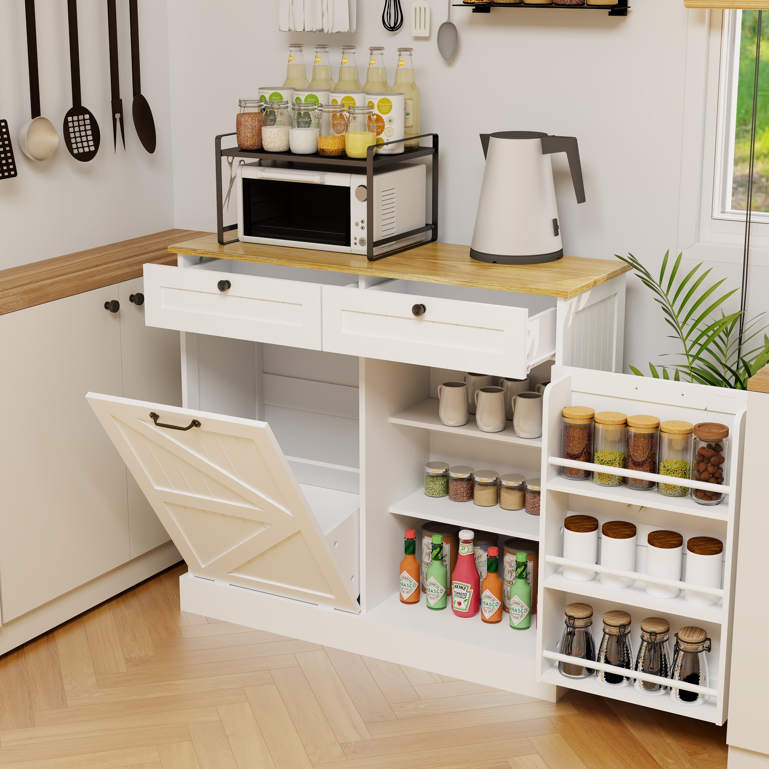 Mintazer Kitchen Trash Cabinet with 3‑Tier Storage Racks, Freestanding Storage Sideboard with 2 Drawers & Tilt‑Out 10‑Gallon Trash Compartment for Kitchen Dining Room, White