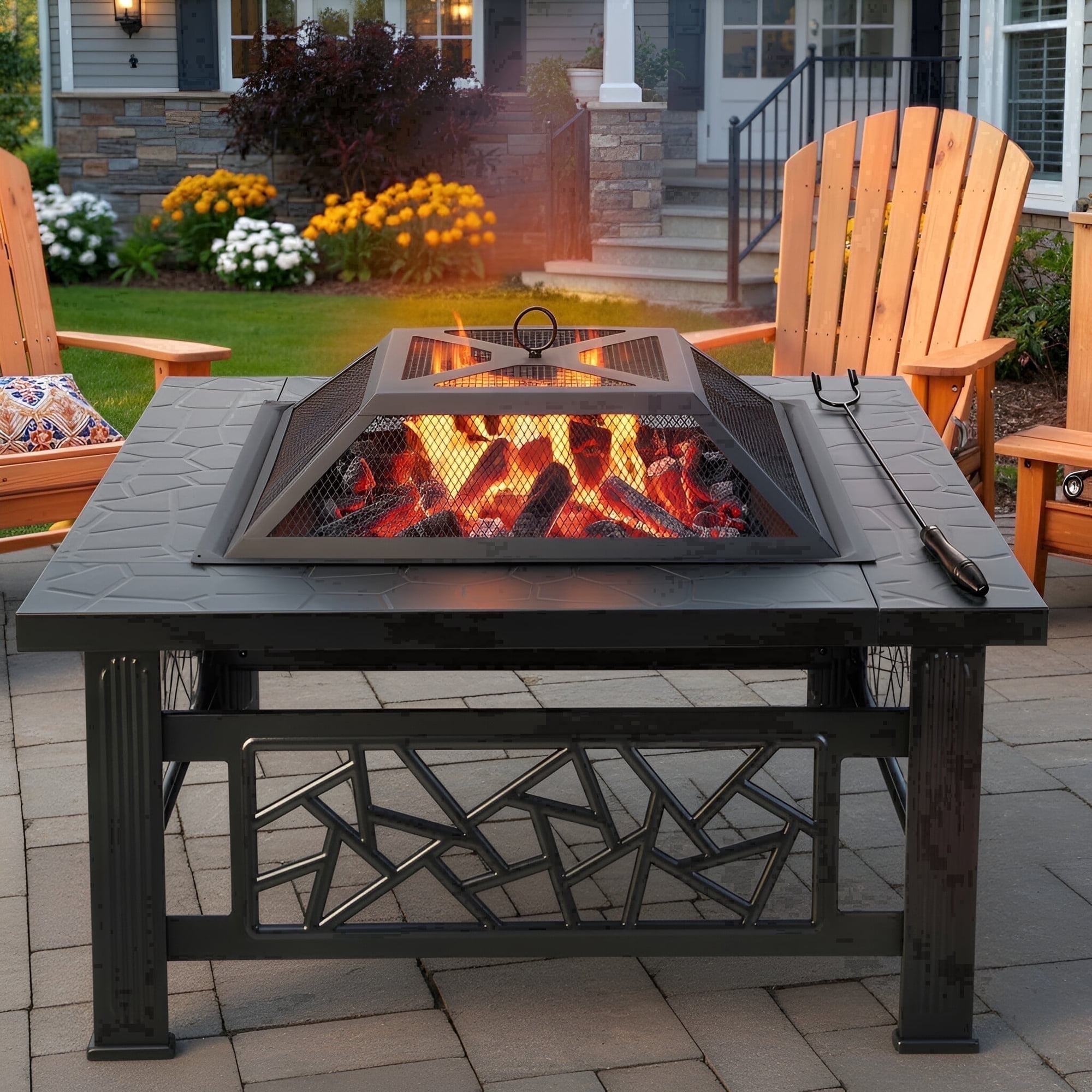 32" Fire Pit Table, UHOMEPRO 3-in-1 Outdoor Fire Pit with BBQ Grill, Mesh Lid & Cover, Modern Metal Square Wood Burning Fire Pit for Outside, Backyard, Patio & Camping