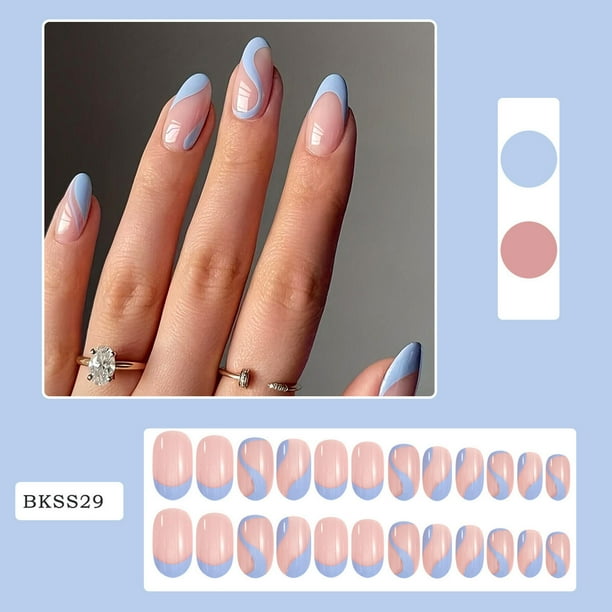 Uñas postizas azules estilo francés | Uñas en forma de gota de agua | 24 piezas en varios tamaños | Acrílico resistente e inodoro para presionar | Ajuste cómodo | Set de manicura DIY calidad salón