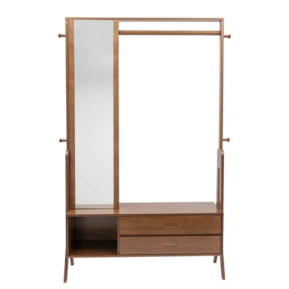 TFCFL Bamboo Garment Rack Coat Hanger Clothes Storage Display Shelf with Full-length Mirror and Drawers