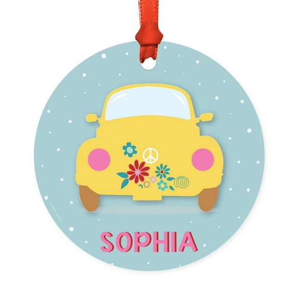Koyal Wholesale Personalized Metal Christmas Ornament, Hippie 1970s VW Yellow Bug, 1-Pack