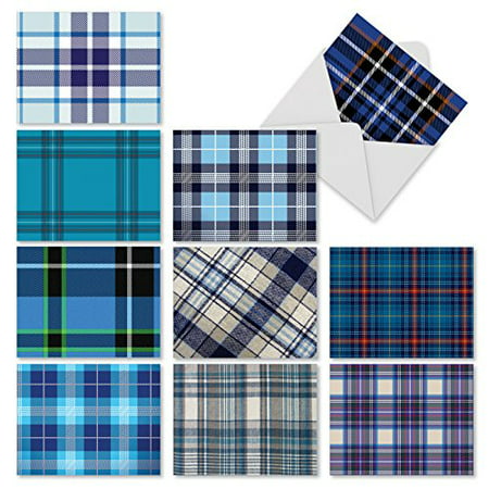 'M2100 TARTAN BLUE' 10 Assorted Thank You Note Cards Featuring Blue Plaid Patterns with Envelopes by The Best Card