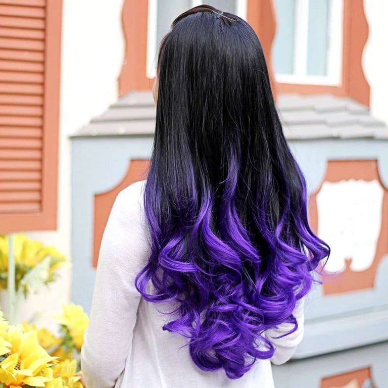 Human hair blend purple ombre curly wavy wig. Ombre Purple Curly Synthetic Wig: Heat Resistant, Long  main image 4
