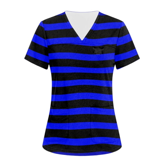 OIOLOYJM Scrub Tops for Women 2026 Casual V-Neck Short Sleeve Striped Tops Cotton Work T-Shirts Basic Pullover with Pockets Saffron M